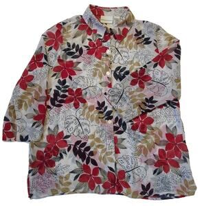 Alfred Dunner women's size 14 Sheer Button up Blouse 3/4 sleeves Red Navy Floral